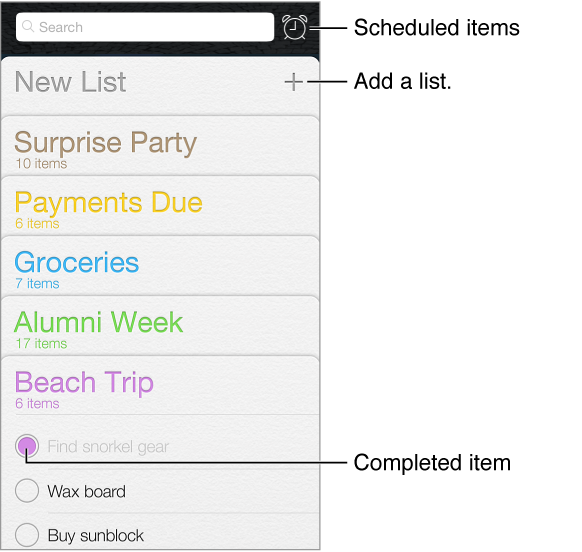 The reminders app. The scheduled button shows reminders with a due date. Completed items are marked. New List creates a new reminders list.