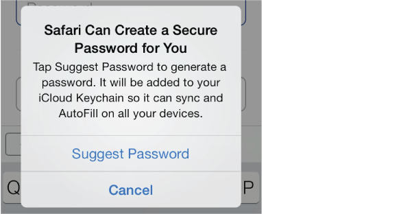 Message overlay that says to tap Suggest Password to get Safari to generate a new password for you. Options are Suggest Password and Cancel.