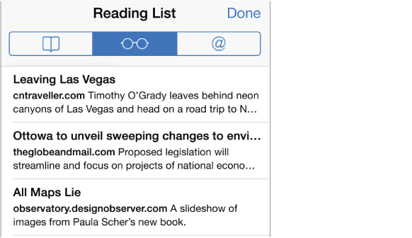 To see a list of pages you've saved, tap the Bookmarks button, then tap the Reading List button.