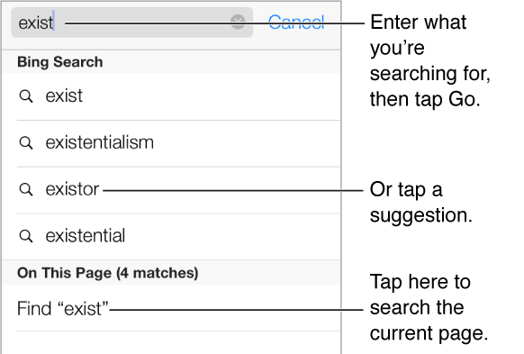 When you type in the Address field, suggested search phrases are listed below the field. At the bottom of the list is an entry for searching the current page. Tap a suggestion to search for it, or tap the Go button on the keyboard to search for exactly what you typed.