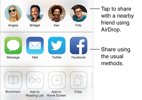 Tap the Share button to share what you find using AirDrop, Message, Mail, Twitter, or Facebook, or add a bookmark, a reading list entry, or a Home screen shortcut. You also use the Share button to copy or print the page.