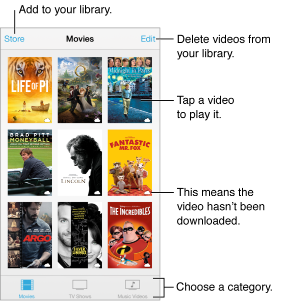 Tap a video to play it. Choose from the video category tabs at the bottom of the screen. Tap the Store button to add to your library. Tap the Edit button to delete videos.