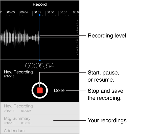 Tap the record button in the center of the screen to start recording. Tap it again to stop. Tap the Done button to save the recording. Your recordings are listed at the bottom of the screen.