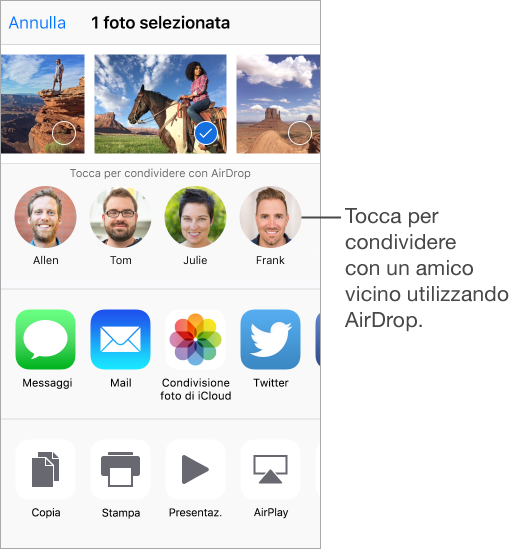 La schermata di condivisione che mostra le foto lungo la parte superiore. Subito sotto appare una fila con le immagini degli amici vicini a te che utilizzano AirDrop e con cui puoi condividere. Sotto ancora appaiono le opzioni di condivisione. Altre azioni, ad esempio Copia, Stampa, Presentazione e AirPlay, appaiono lungo la parte inferiore.