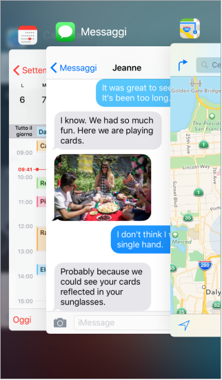 Immagine delle app in esecuzione, con una fila di icone di app lungo la parte superiore. La schermata attuale di ciascuna app appare sotto ogni icona.
