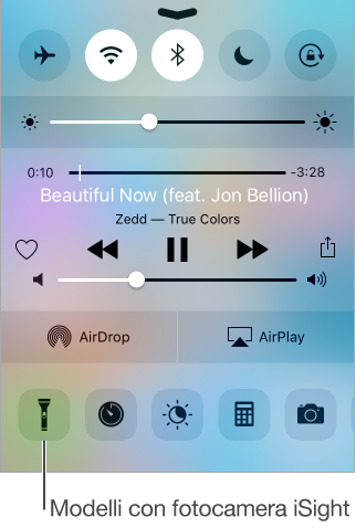 Schermo di Centro di Controllo Nella parte superiore dello schermo sono i pulsanti “Uso in aereo”, Wi-Fi, Bluetooth, “Non disturbare” e “Blocco rotazione verticale”. Subito sotto è lo schermo dei controlli della luminosità. Sotto ancora è lo schermo con le informazioni sul brano attualmente in riproduzione con i controlli di riproduzione. Ancora sotto sono i pulsanti AirDrop e AirPlay. Nella parte inferiore sono i pulsanti torcia, orologio, calcolatrice e fotocamera. Solo i modelli con fotocamera iSight dispongono della torcia.