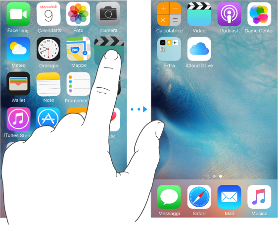 Trascinamento di un’app verso il bordo destro dello schermo. A destra, un’altra schermata Home che mostra quell’app sulla nuova schermata.