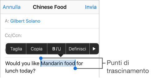 Messaggio e-mail di esempio con parte del testo selezionata. Sopra la selezione ci sono i pulsanti Taglia, Copia, grassetto/ corsivo/sottolineato, Definisci e freccia a destra. Il testo selezionato è evidenziato, con i punti di trascinamento su entrambi i lati.