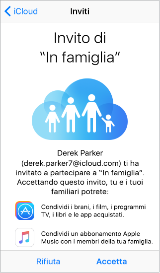 Invitato a unirsi a “In famiglia”. Mostra il nome del mittente dell’invito e include le funzionalità di “In famiglia”. I pulsanti Rifiuta e Accetta sono lungo la parte inferiore.
