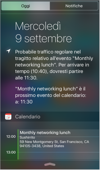 Vista Oggi di Centro Notifiche con la data, le condizioni del traffico e gli eventi del giorno.
