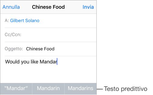 Messaggio e-mail con le prime parole di un nuovo messaggio e con i suggerimenti per il completamento della parola successiva.