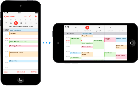 iPod touch in orientamento verticale che mostra Calendario nella vista giornaliera. Sulla destra, iPod touch ruotato in orizzontale che mostra Calendario nella vista settimanale.