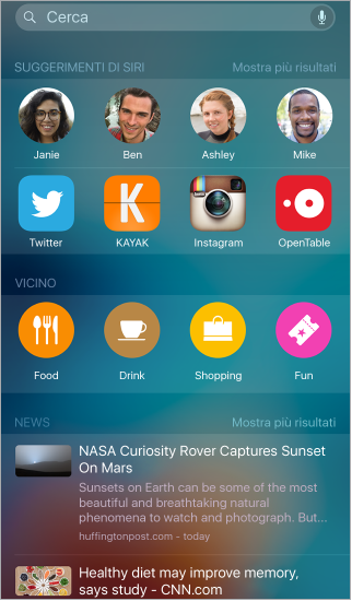 La schermata di ricerca che mostra i suggerimenti di Siri.