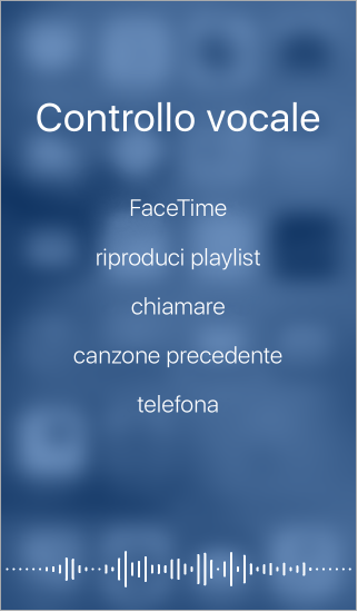 Schermata di “Controllo vocale”, con visualizzati esempi di comandi che puoi utilizzare. La forma di un’onda appare lungo la parte inferiore dello schermo.