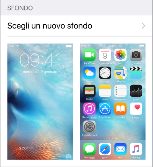 Immagine della schermata “Blocco schermo” e della schermata Home che mostra lo sfondo attuale.