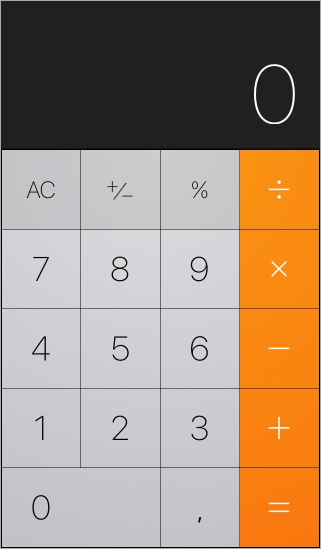 La schermata di Calcolatrice con visualizzate le funzioni standard e il tastierino numerico. Tocca il tasto Cancella per cancellare i risultati.