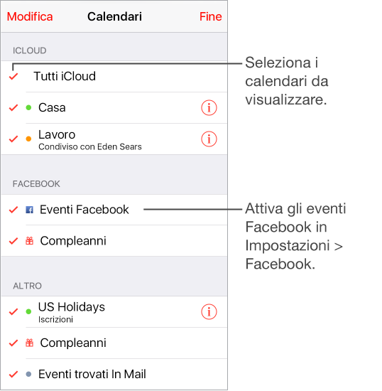 L’elenco calendari indica con un segno di spunta quali calendari sono attivi. Tocca i calendari per selezionare quale visualizzare. Puoi attivare calendari Eventi Facebook (se hai configurato Facebook in Impostazioni) e Compleanni.