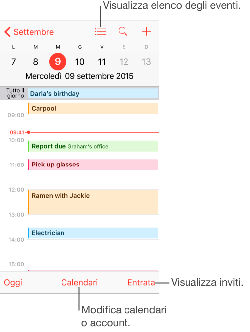 Un calendario con vista giorno. Tocca il pulsante Calendari nella parte inferiore dello schermo per cambiare calendario o account. Tocca il pulsante Entrata nell’angolo in basso a destra per visualizzare gli inviti.