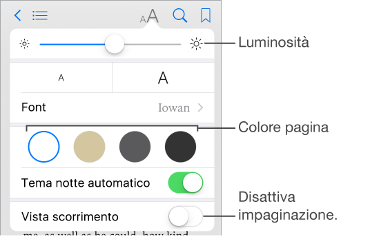 Il menu dell’aspetto che mostra i controlli di luminosità, colore pagine e quelli per la visualizzazione a scorrimento.
