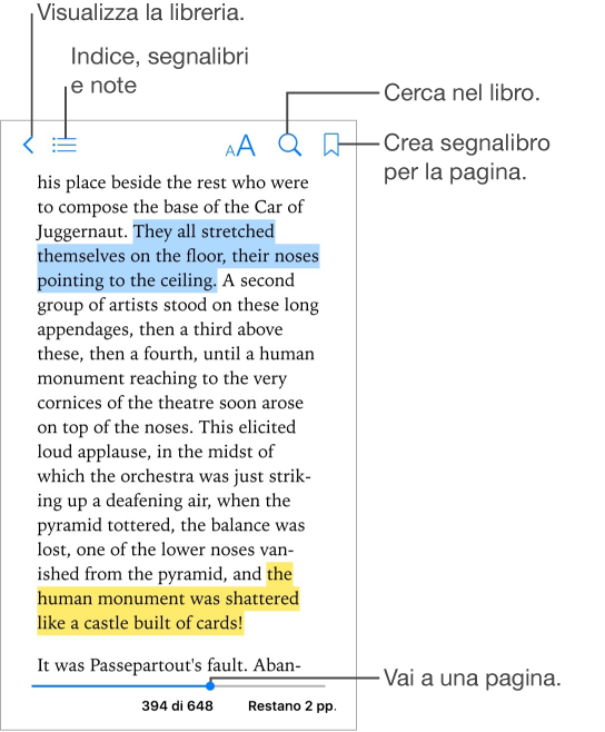 Una pagina di un libro aperto. Nella parte superiore si trovano, da sinistra a destra, il pulsante Libreria, il pulsante dell’indice, il pulsante dell’aspetto, il pulsante di ricerca e quello per aggiungere i segnalibri. Nella parte inferiore si trova il controllo di selezione pagine.