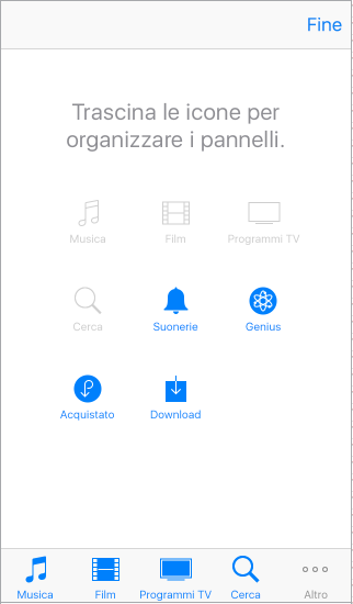 Parte della schermata Altro con le icone che possono essere riposizionate. Le icone blu possono essere trascinate su quelle grigie per dare loro maggiore risalto. Le icone grigie sono Musica, Film, Programmi TV e Cerca. Le icone blu sono Suonerie, Genius, Acquistati e Download.