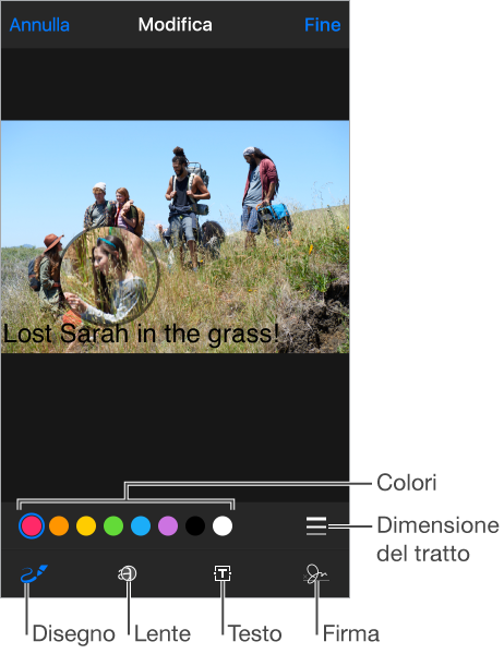Gli strumenti di modifica sono il disegno, la lente di ingrandimento, il testo e la firma. Puoi anche selezionare i colori e le dimensioni del tratto.