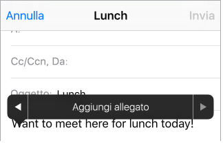 Composizione di un messaggio. Tocca il punto di inserimento per visualizzare il menu stile, quindi tocca “Aggiungi allegato” o “Inserisci foto o video” per allegare un elemento al messaggio.