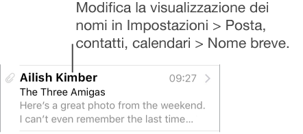 L’anteprima di un messaggio in Entrata che mostra il nome del mittente, l’ora di invio, l’oggetto e le prime due righe del messaggio. Per modificare la visualizzazione dei nomi, vai in Impostazioni > Posta, contatti, calendari > Nome breve.
