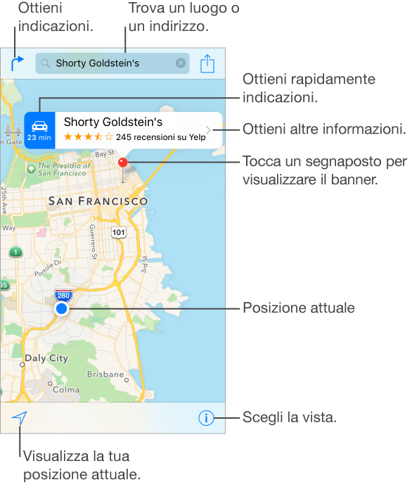 Una mappa che mostra una località (indicata da un segnaposto rosso). Sopra il segnaposto c’è un banner, con un pulsante per ottenere le indicazioni stradali sulla sinistra, il nome della località, nonché le stelle di valutazione e il numero delle recensioni di Yelp e il pulsante “Altre info” sulla destra. Tocca un segnaposto per visualizzare il banner. Tocca il pulsante Indicazioni in alto a sinistra per ottenere un itinerario. Tocca il campo di ricerca nella parte superiore dello schermo per cercare un luogo specifico o un indirizzo. Tocca il pulsante Tracciamento per visualizzare la tua posizione attuale. Tocca il pulsante Impostazioni per selezionare un tipo di vista.
