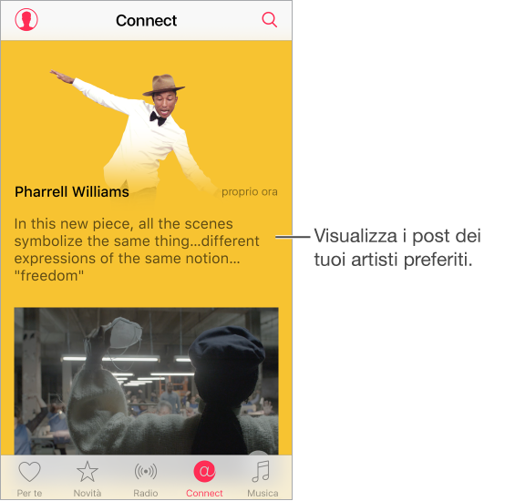 La schermata Connect che mostra il nome di un artista in alto e un elenco dei suoi post in basso.