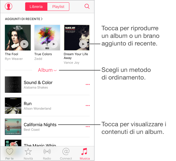 Il pannello Libreria della schermata Musica mostra gli album aggiunti di recente in alto. Il menu al centro è Album, ma toccandolo si possono scegliere altre opzioni di ordinamento. Sotto è presente un elenco di album.