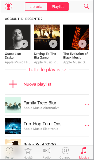 Il pannello Playlist della schermata Musica mostra le playlist aggiunte di recente in alto, seguite dalle altre playlist. Sopra l’elenco delle playlist sono visibili i pulsanti Modifica e Nuova.