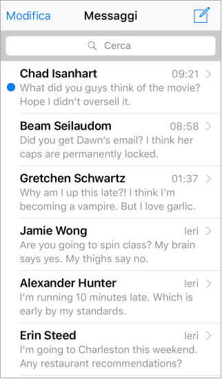 Elenco di conversazioni. Il pulsante Modifica è in alto a sinistra, mentre il pulsante Componi è in alto a destra. Il campo di ricerca è sotto la barra del titolo.