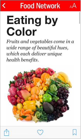 La schermata dell’articolo, che mostra l’immagine di un astronauta che si addestra nella parte superiore dello schermo. Il nome della pubblicazione è nella parte superiore dello schermo. Sotto l’immagine sono visualizzate le prime due frasi dell’articolo. Il pulsante Indietro appare in alto a sinistra. In fondo allo schermo sono i pulsanti Condividi, Preferito, e Salva.