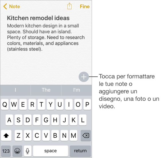 Una nota con una tastiera. Subito sopra la tastiera è il pulsante Aggiungi, che puoi toccare per formattare le note o aggiungere un disegno, una foto o un video.