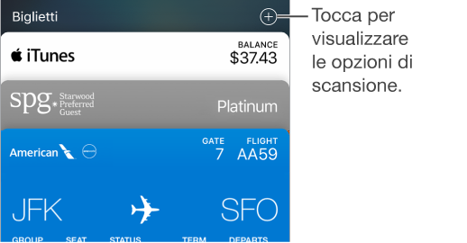 La parte superiore della schermata di Wallet, con una didascalia per il pulsante Aggiungi.