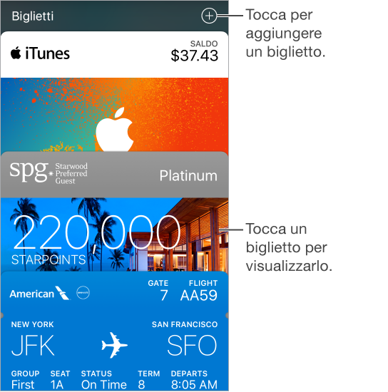 Wallet che mostra la parte superiore di numerosi biglietti in un elenco lungo la schermata. Il pulsante Aggiungi appare nell’angolo superiore destro.