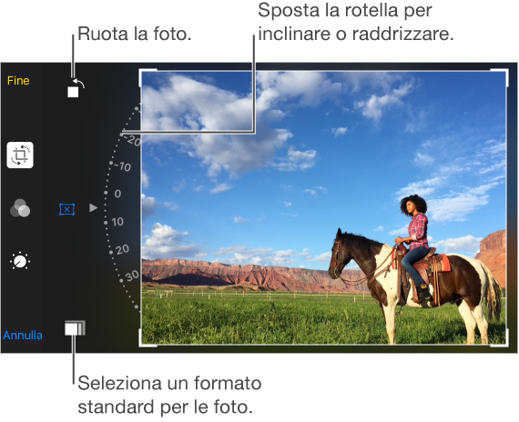 La schermata dello strumento di taglio con le icone di Ritaglia, Filtro e Modifiche allineate verticalmente lungo il bordo sinistro. Sporgenti rispetto a queste ultime sono l’icona Ruota subito sopra, la rotella per inclinare la foto al centro con l’opzione per ripristinare, e l’icona di Proporzioni in basso.