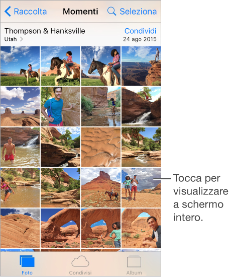 Vista Momenti di Foto. Il pulsante Raccolte si trova in alto a sinistra, mentre il pulsante Seleziona è disponibile in alto a destra. I pannelli Foto, Condivisi e Album appaiono lungo la parte inferiore.