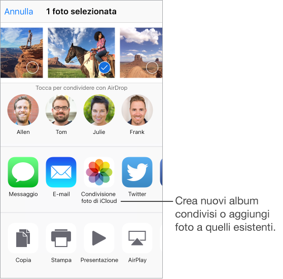 La schermata Condividi con le foto lungo la parte superiore. Sotto le foto sono visualizzati gli amici che stanno utilizzando AirDrop vicini a te e le opzioni di condivisione. Le altre azioni sono visualizzate lungo la parte inferiore.