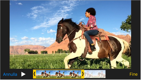 Video con il visualizzatore di fotogrammi nella parte inferiore. Il pulsante Annulla si trova in basso a sinistra e il pulsante Fine si trova in basso a destra.