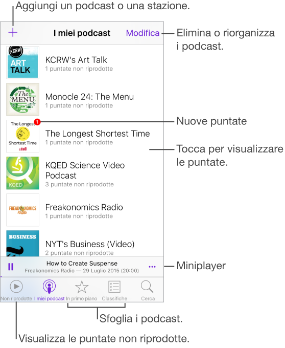 La schermata “I miei podcast” che mostra un elenco di podcast. Ognuno di essi mostra un elenco delle puntate non riprodotte. Sotto l’elenco è visualizzato Miniplayer, che mostra il nome della puntata in riproduzione. In alto a sinistra dello schermo è il pulsante Più, che serve per aggiungere un podcast o una stazione. Il pulsante Modifica appare nell’angolo in alto a destra.