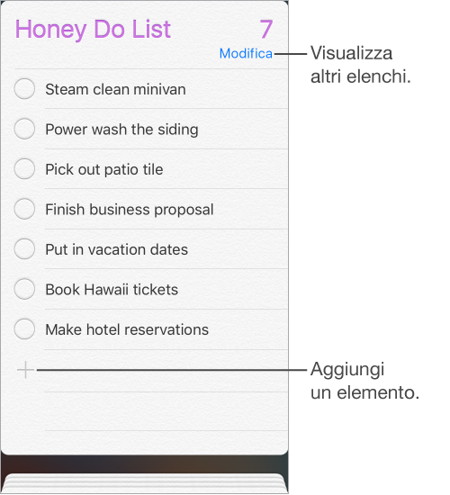 La schermata di Promemoria che mostra un elenco di promemoria. Tocca il nome dell’elenco nella parte superiore dello schermo per visualizzare altri elenchi. Tocca un promemoria per contrassegnarlo come completato. Tocca il pulsante “Nuovo promemoria” per aggiungere un elemento.
