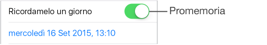 Parte della schermata di Promemoria che mostra l’opzione “Ricordamelo un giorno” attivata e la data e l’ora in cui si vuole essere ricordati elencate più sotto.