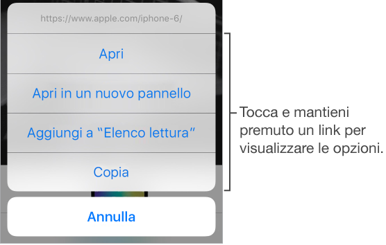 Quando tieni premuto un link, viene visualizzato l’indirizzo di destinazione, insieme alle opzioni che consentono di aprire la pagina, aprire il link in un nuovo pannello, aggiungere la pagina a elenco lettura o di copiare l’indirizzo.