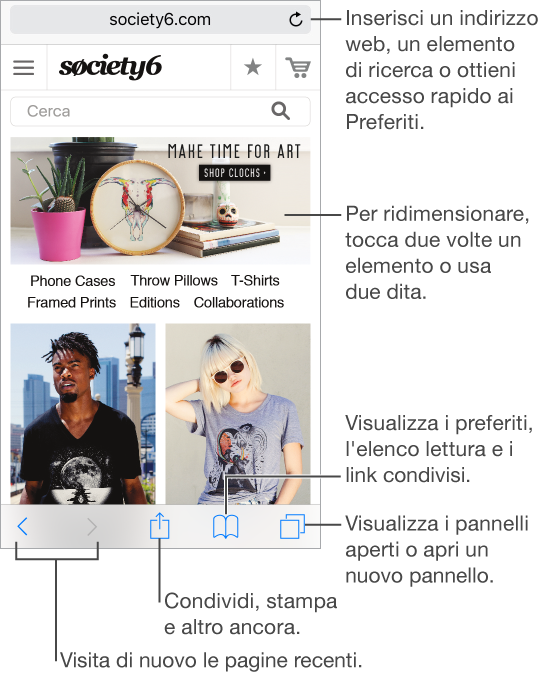Per inserire un indirizzo web o un elemento di ricerca, o per ottenere accesso rapido ai Segnalibri, tocca il campo Indirizzo nella parte superiore della pagina. Per ingrandire, tocca due volte un elemento o pizzica utilizzando due dita. Nella parte inferiore dello schermo, da sinistra a destra: Utilizza i pulsanti avanti e indietro per aprire delle pagine visitate di recente; tocca il pulsante Condividi per condividere, stampare e altro ancora; tocca il pulsante Segnalibri per visualizzare l’elenco lettura e i link condivisi; infine tocca il pulsante Pagine per visualizzare i pannelli aperti o per aprire un nuovo pannello. 