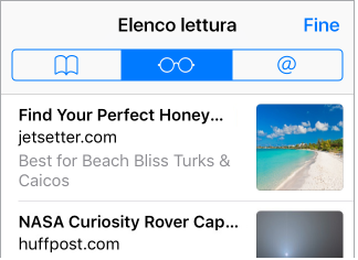 Per visualizzare un elenco con le pagine salvate, tocca il pulsante Segnalibri nella parte inferiore dello schermo, quindi tocca il pulsante “Elenco lettura”.
