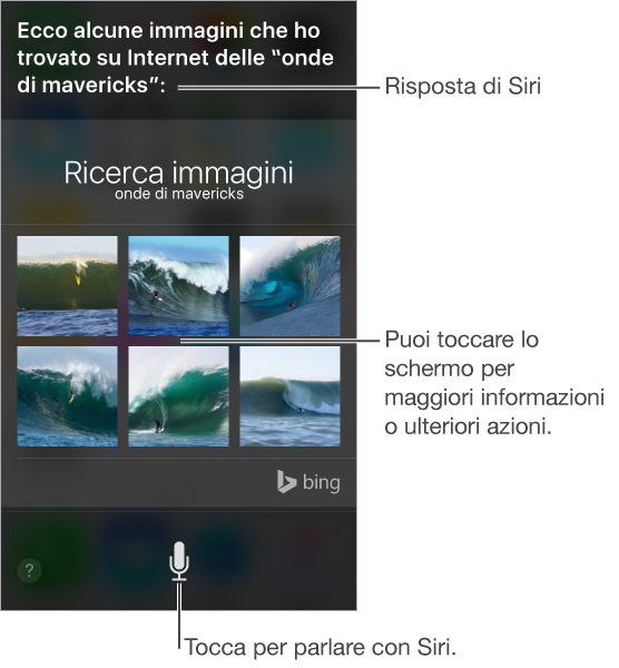 La schermata di Siri che mostra la risposta di Siri a una richiesta e le informazioni correlate che puoi toccare per ottenere indicazioni aggiuntive o eseguire ulteriori azioni. In basso a sinistra appare il pulsate aiuto. In basso al centro è il tasto che devi premere per parlare con Siri.