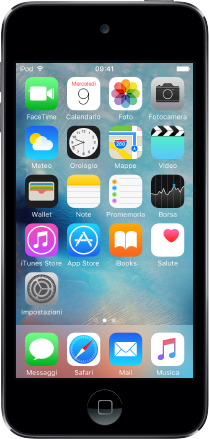 Vista della parte anteriore di iPod touch di sesta generazione con la schermata Home di iOS9.