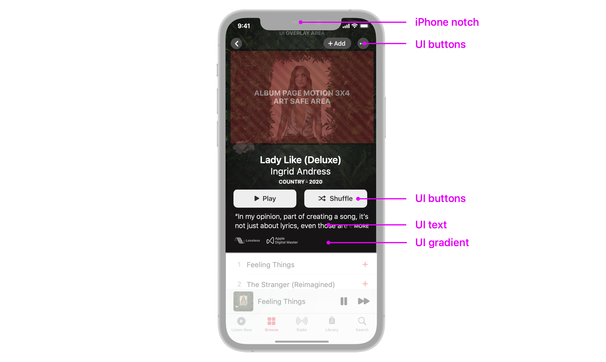 An iPhone highlighting UI areas, such as buttons and the iPhone notch to be aware of when creating album motion art.